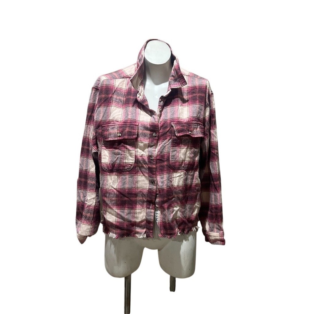 Lucky Brand Shirt Jacket Womens Size L Multicolor Plaid Flannel Cropped